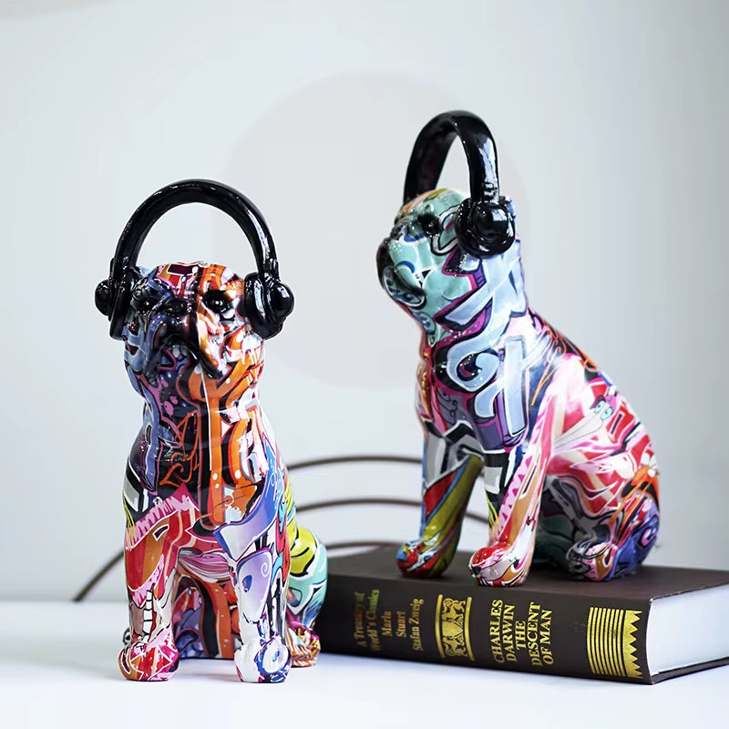 Bulldog Wearing Headphone Figurines Resin Graffiti Art Dog Statue Home Living Room Desktop Decor Pet Model Collection