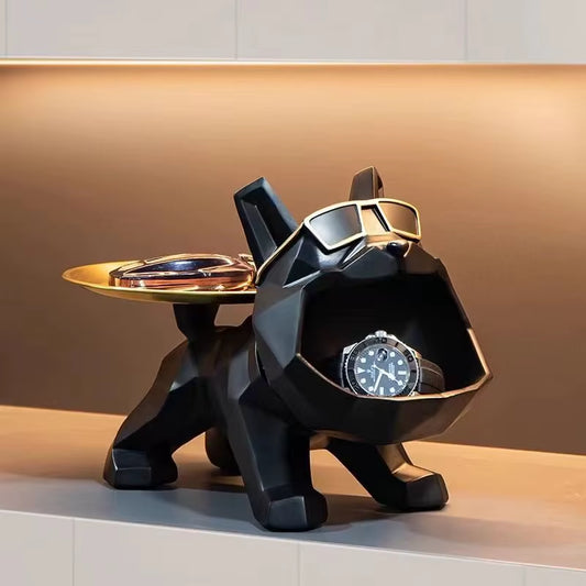 Resin Cool Bulldog Crafts Dog Butler with Tray for Key Holder Storage Jewelries Animal Room Home Decor Statue Sculptu