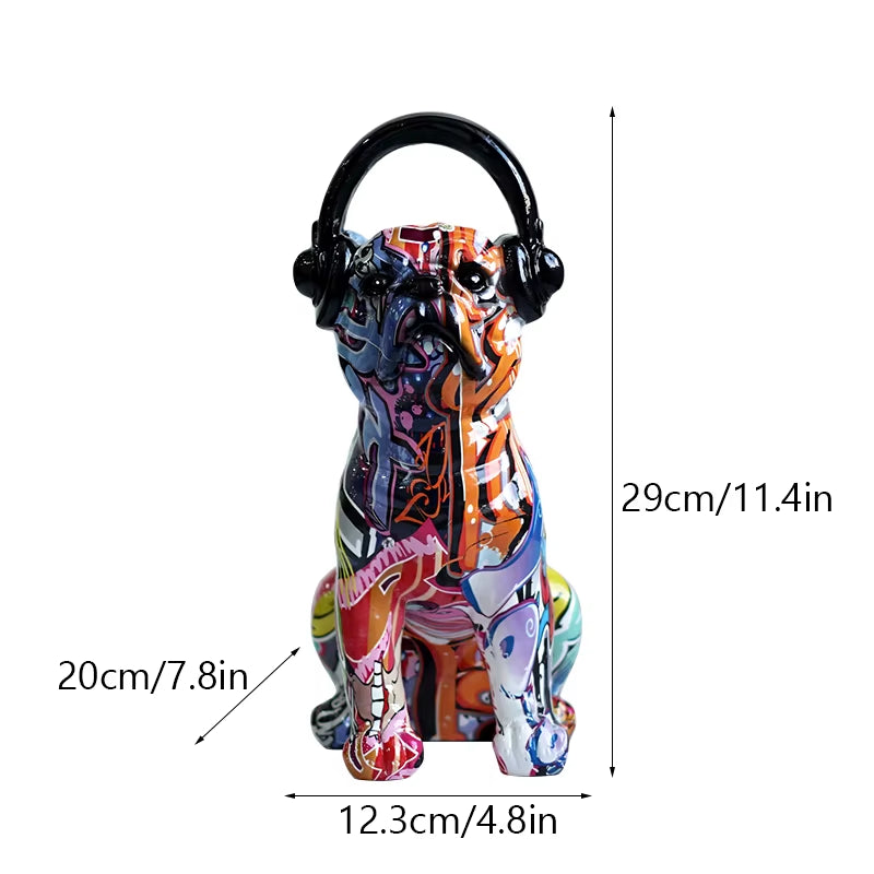 Bulldog Wearing Headphone Figurines Resin Graffiti Art Dog Statue Home Living Room Desktop Decor Pet Model Collection