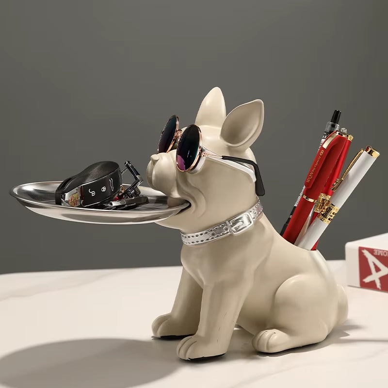Resin Bulldog Desktop Storage Statue Animal Sculpture Dining Table Decor Multi Functional Office Home Decoration Tray Decor