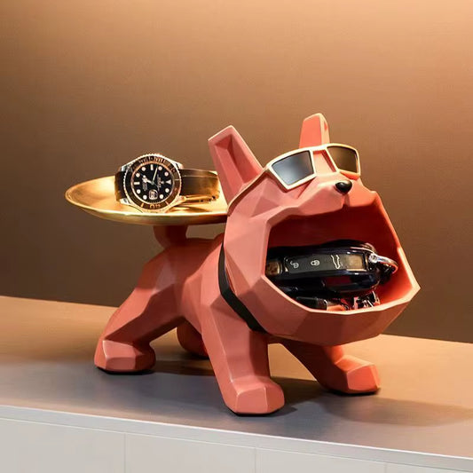 Resin Cool Bulldog Crafts Dog Butler with Tray for Key Holder Storage Jewelries Animal Room Home Decor Statue Sculptu