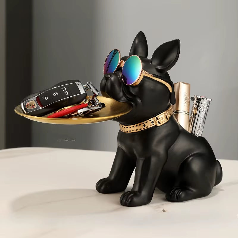 Resin Bulldog Desktop Storage Statue Animal Sculpture Dining Table Decor Multi Functional Office Home Decoration Tray Decor
