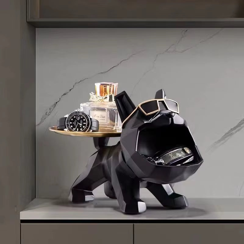 Resin Cool Bulldog Crafts Dog Butler with Tray for Key Holder Storage Jewelries Animal Room Home Decor Statue Sculptu