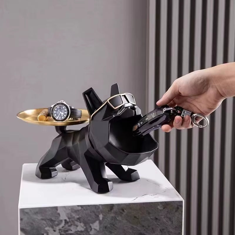 Resin Cool Bulldog Crafts Dog Butler with Tray for Key Holder Storage Jewelries Animal Room Home Decor Statue Sculptu