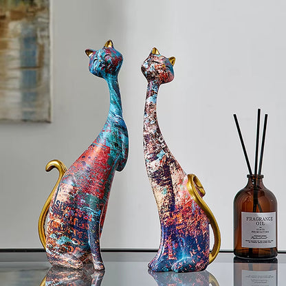 Resin Painted Graffiti Lovers Cat Figurines Couple Animal Ornaments European Home Interior Study Bedroom Decor Items