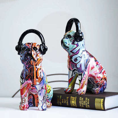 Bulldog Wearing Headphone Figurines Resin Graffiti Art Dog Statue Home Living Room Desktop Decor Pet Model Collection