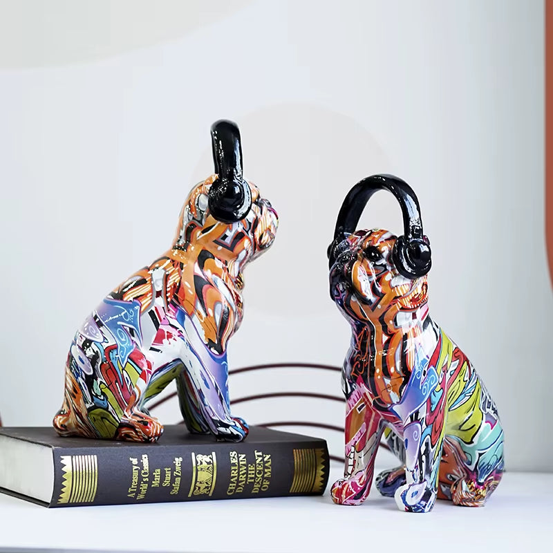 Bulldog Wearing Headphone Figurines Resin Graffiti Art Dog Statue Home Living Room Desktop Decor Pet Model Collection