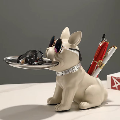 Resin Bulldog Desktop Storage Statue Animal Sculpture Dining Table Decor Multi Functional Office Home Decoration Tray Decor