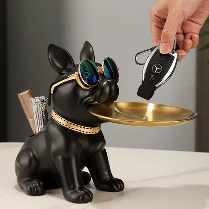 Resin Bulldog Desktop Storage Statue Animal Sculpture Dining Table Decor Multi Functional Office Home Decoration Tray Decor